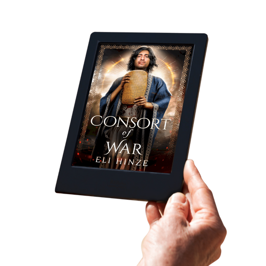 A hand holding a tablet displaying the ancient fantasy ebook Consort of War by Eli Hinze