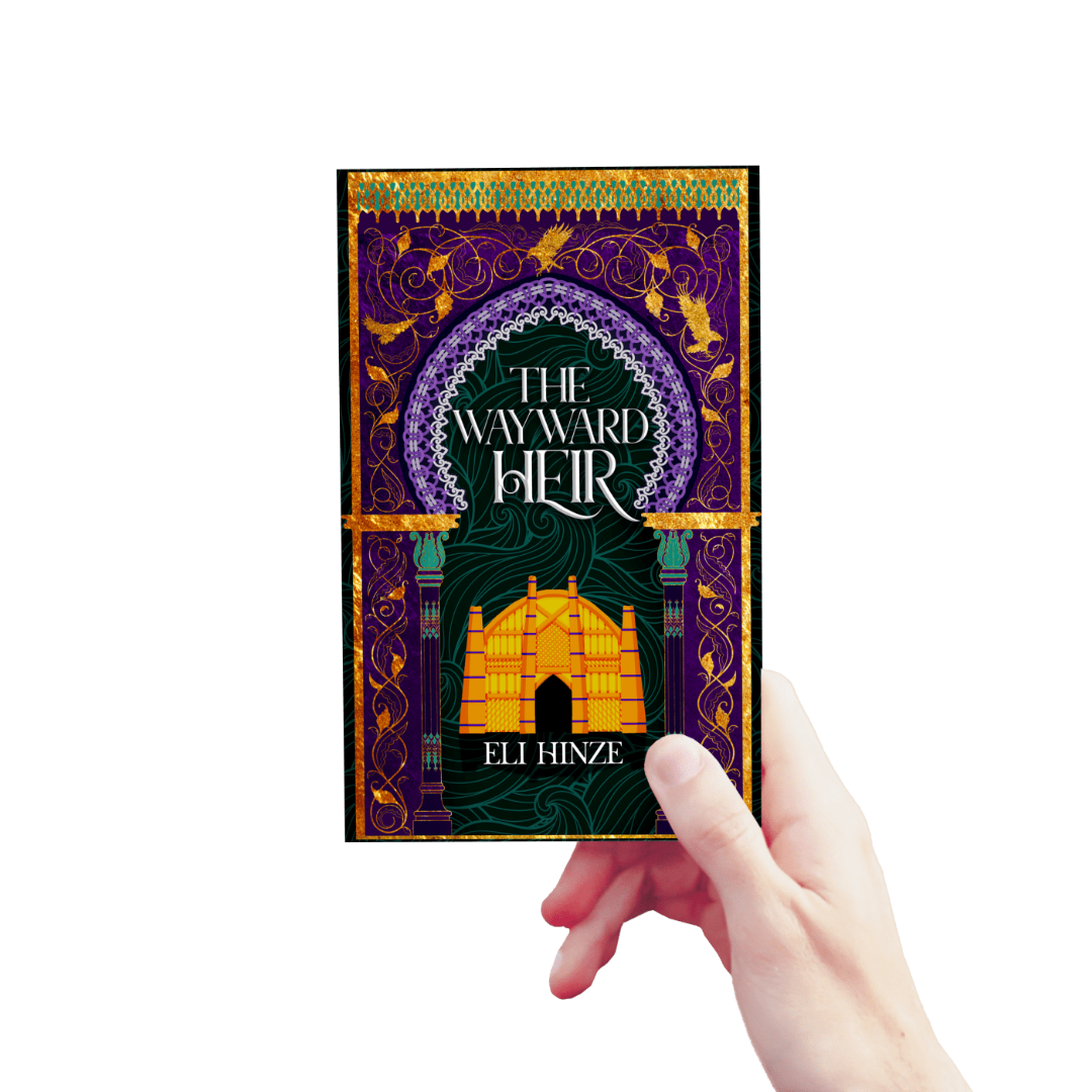 A hand holding up a paperback of the ancient fantasy book The Wayward Heir by Eli Hinze