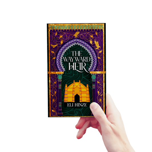 A hand holding up a paperback of the ancient fantasy book The Wayward Heir by Eli Hinze