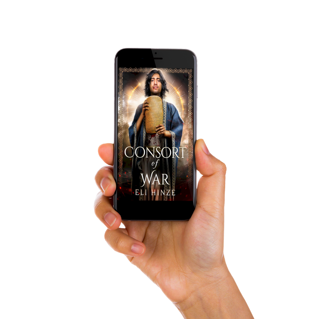 A hand holding a phone displaying the ancient fantasy ebook Consort of War by Eli Hinze
