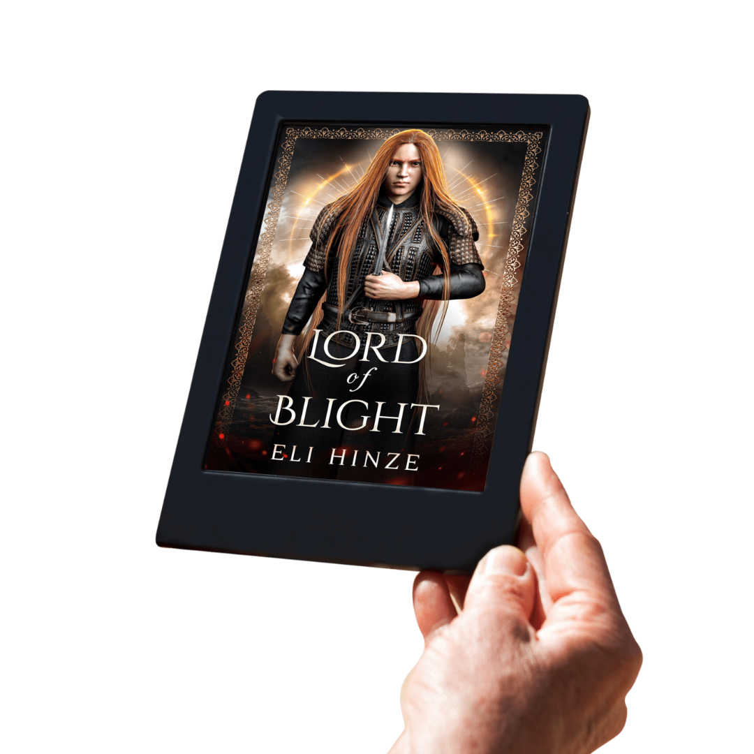 A hand holding a tablet displaying the ancient fantasy ebook Lord of Blight by Eli Hinze