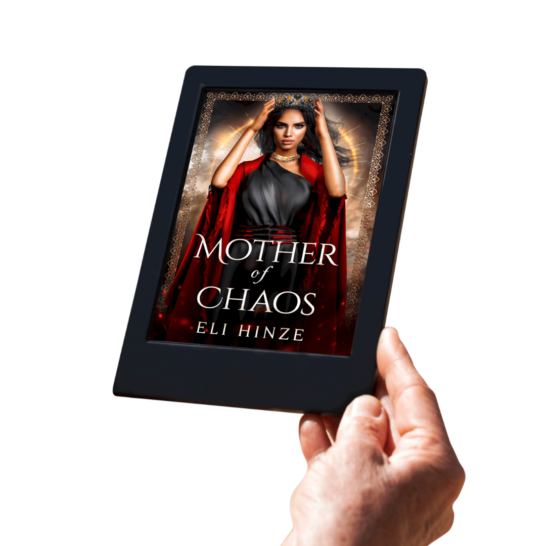 A hand holding a tablet displaying the ancient fantasy ebook Mother of Chaos by Eli Hinze