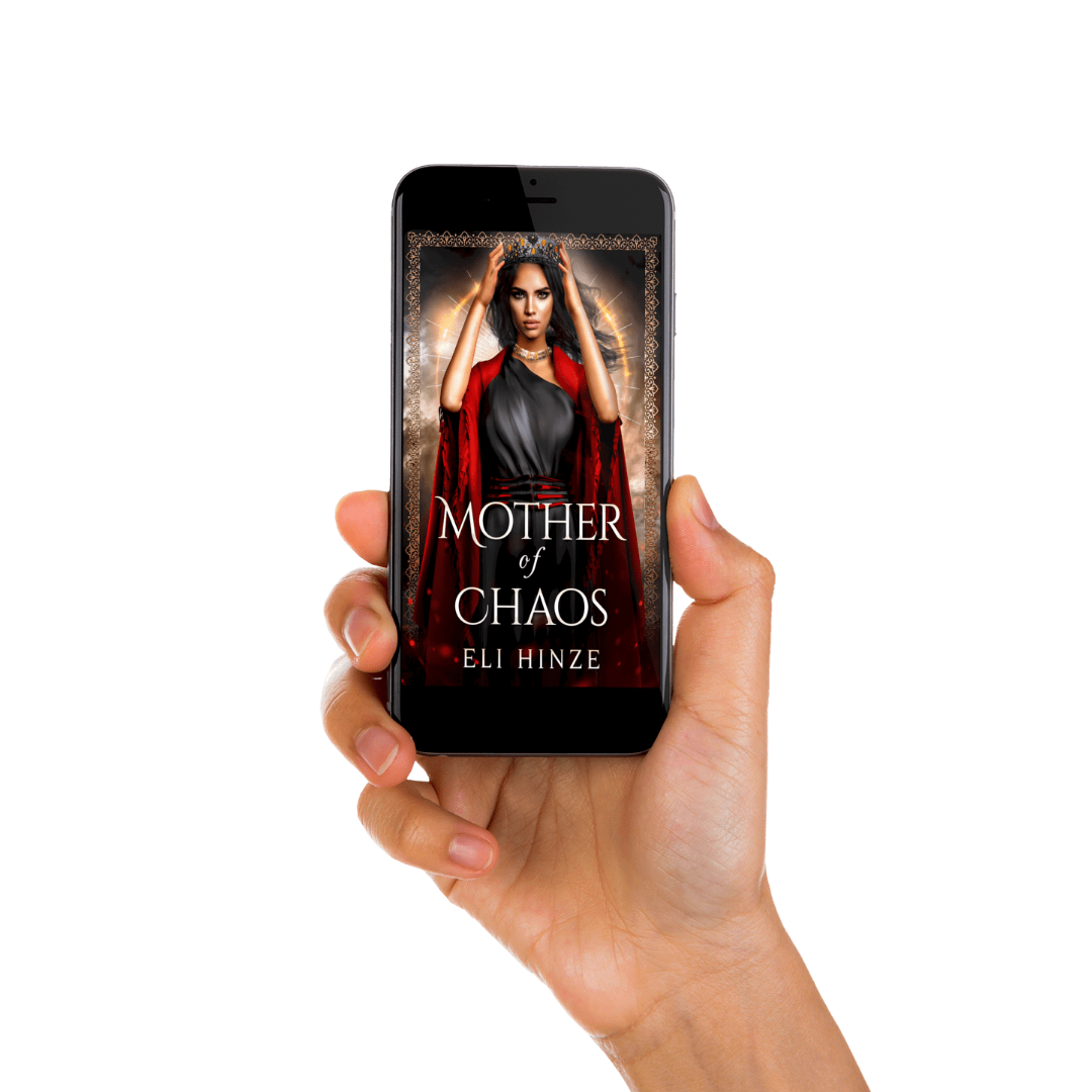 A hand holding a phone displaying the ancient fantasy ebook Mother of Chaos by Eli Hinze