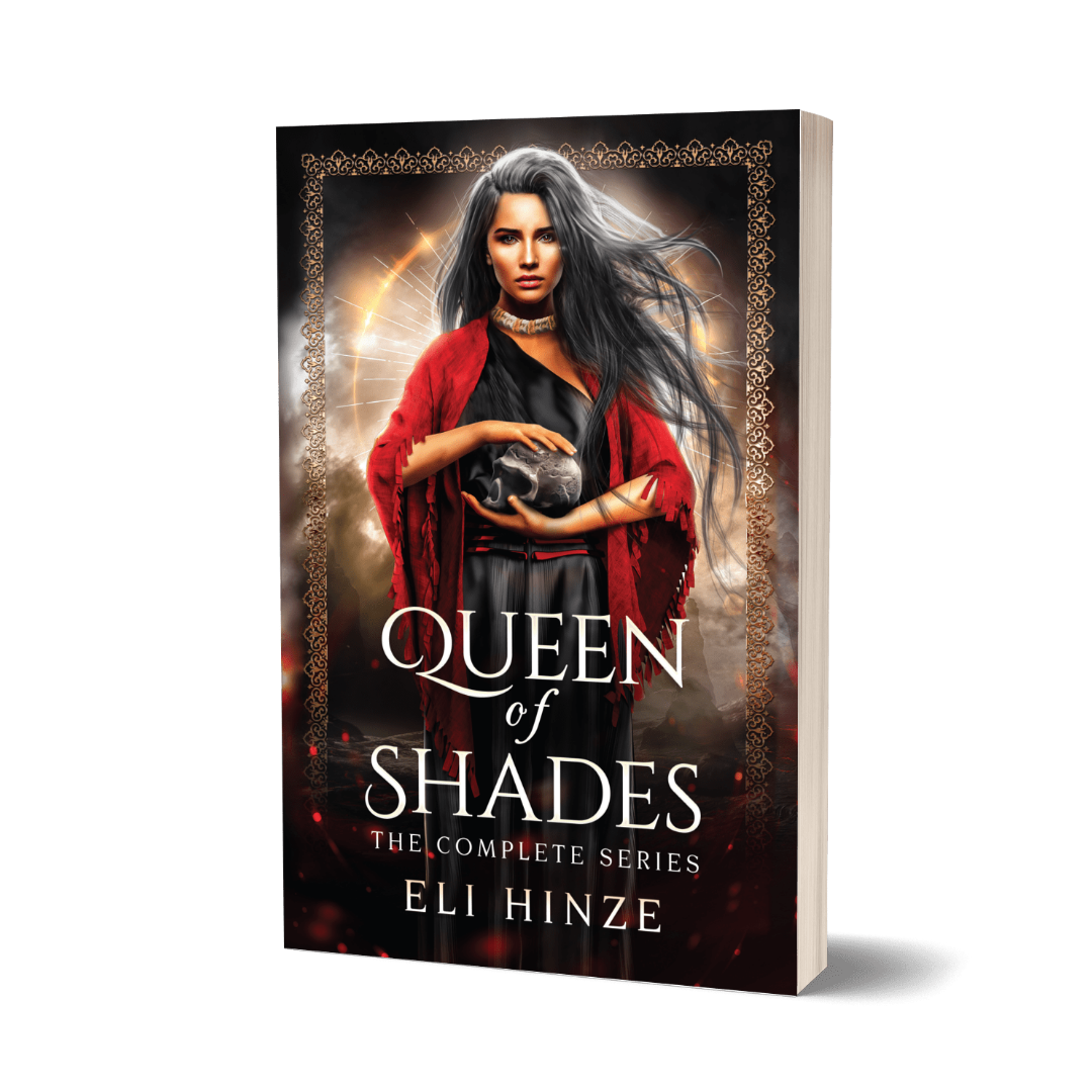 A paperback of the complete ancient fantasy series Queen of Shades by Eli Hinze