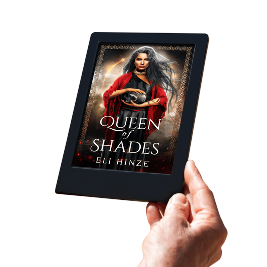 A hand holding a tablet displaying the ancient fantasy ebook Queen of Shades by Eli Hinze