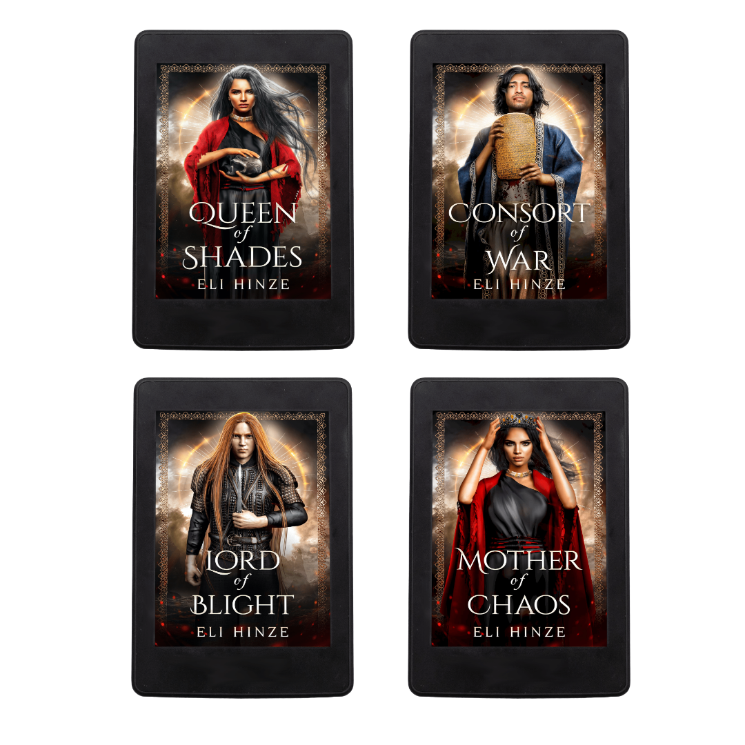 Four tablets displaying all of the books in the ebook bundle for the ancient fantasy Queen of Shades series