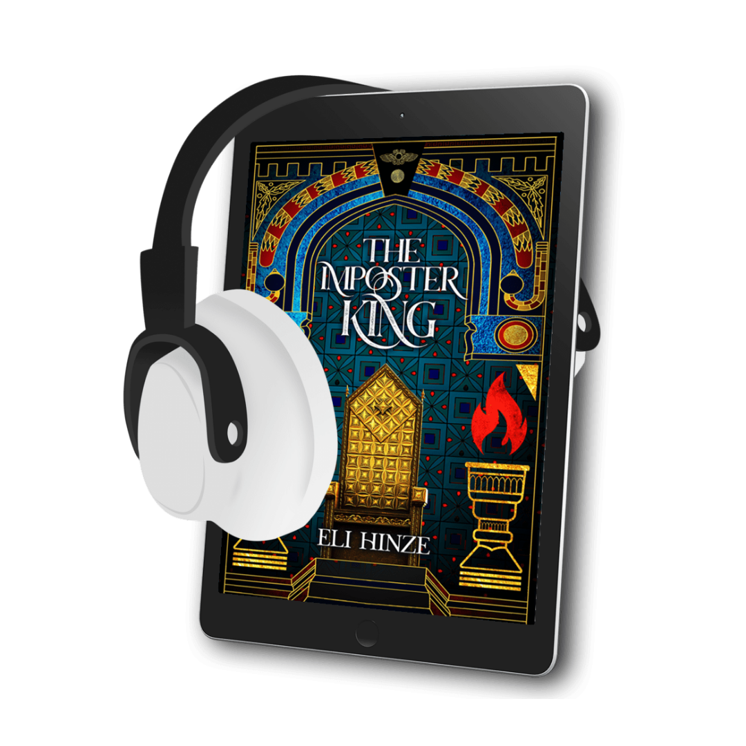 A tablet with headphones across it, displaying the ancient fantasy book The Imposter King by Eli Hinze