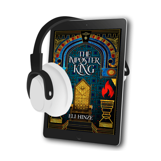 A tablet with headphones across it, displaying the ancient fantasy book The Imposter King by Eli Hinze