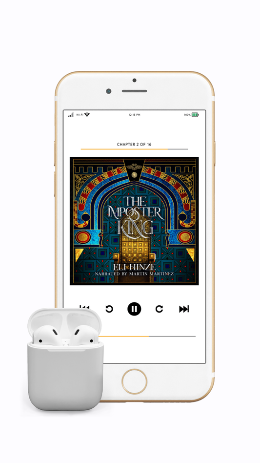 Smartphone displaying an audiobook app playing the ancient fantasy book The Imposter King by Eli Hinze