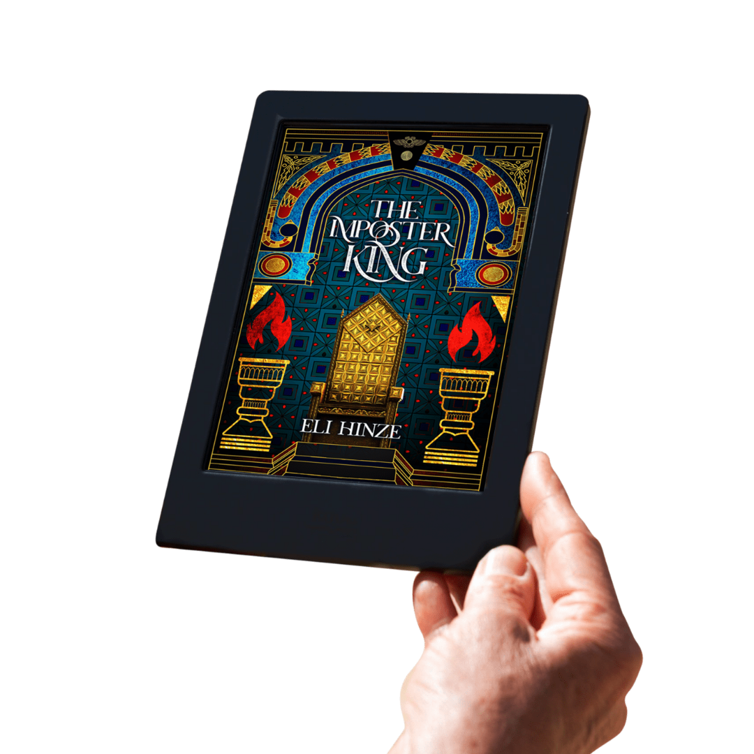 A hand holding a tablet displaying the ancient fantasy ebook The Imposter King by Eli Hinze
