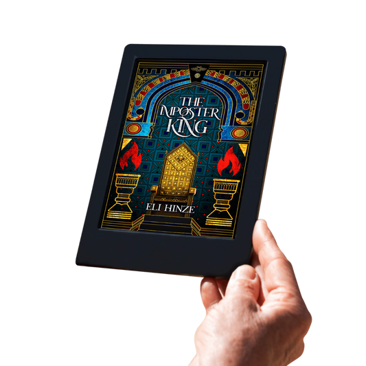 A hand holding a tablet displaying the ancient fantasy ebook The Imposter King by Eli Hinze