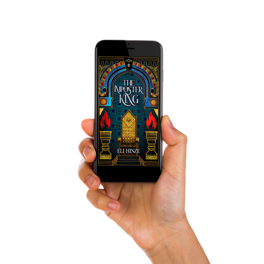 A hand holding a phone displaying the ancient fantasy ebook The Imposter King by Eli Hinze