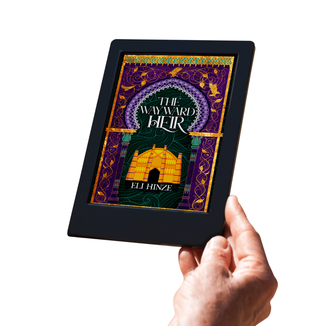 A hand holding a tablet displaying the ancient fantasy ebook The Wayward Heir by Eli Hinze