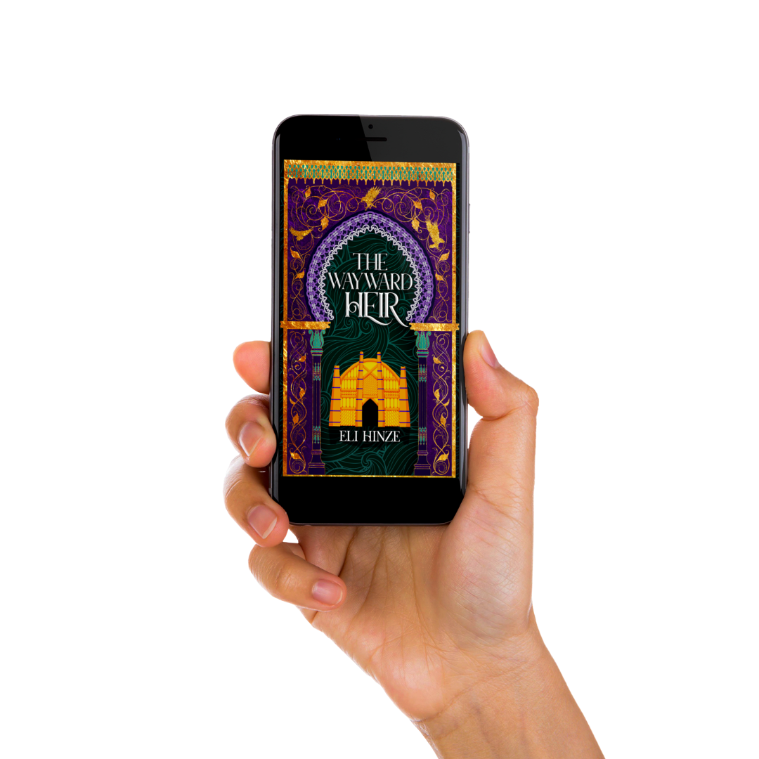 A hand holding a phone displaying the ancient fantasy ebook The Wayward Heir by Eli Hinze