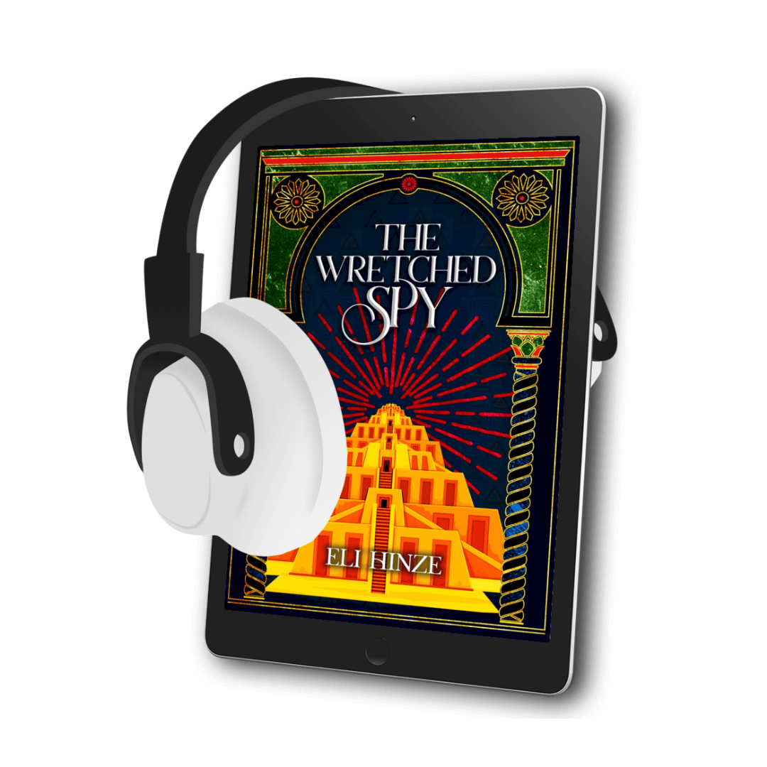 A tablet with headphones across it, displaying the ancient fantasy book The Wretched Spy by Eli Hinze