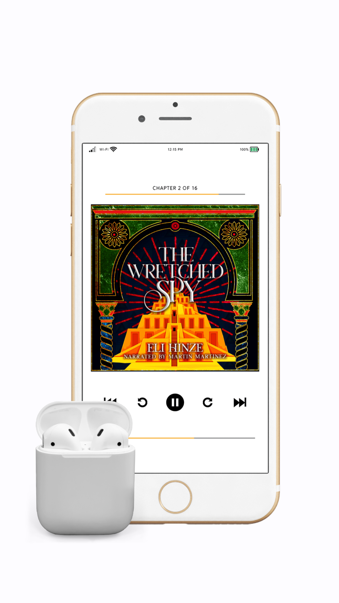 Smartphone displaying an audiobook app playing the ancient fantasy book The Wretched Spy by Eli Hinze